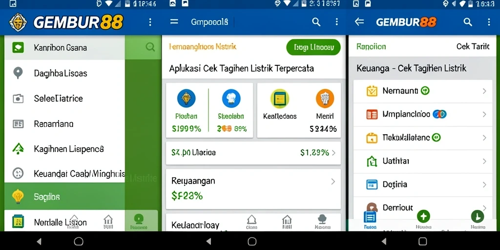 Tampilan antarmuka aplikasi GEMBUR88 untuk cek tagihan listrik.