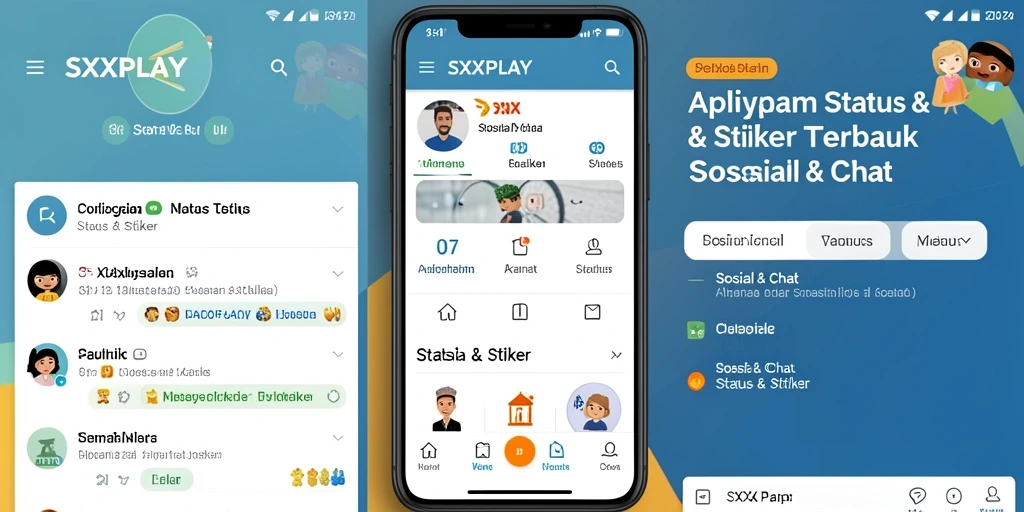 Antarmuka SXXPLAY menampilkan stiker dan status yang menarik.